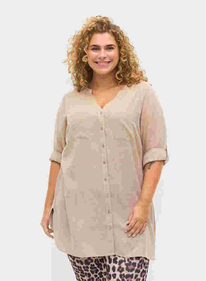 Lange blouse met 3/4 mouwen en v-hals, Simply Taupe, Model