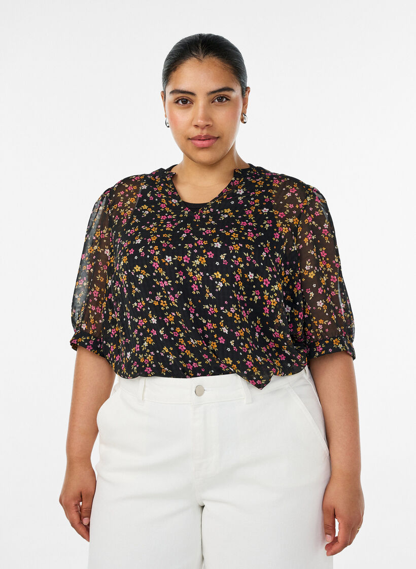 Blouse &agrave; imprim&eacute; floral et col V, Noir, Model image number 0