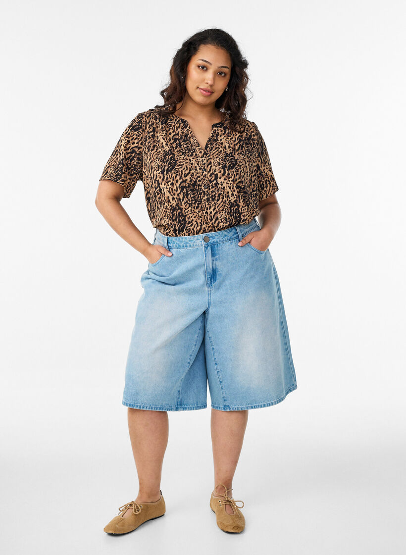 Blouse met korte mouwen en v-halslijn, Bruin, Model image number 1