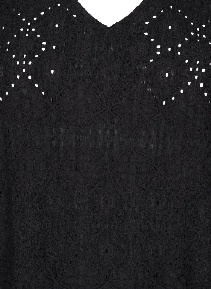 Robe courte avec col en V et motifs à trous, Black, Packshot image number 2