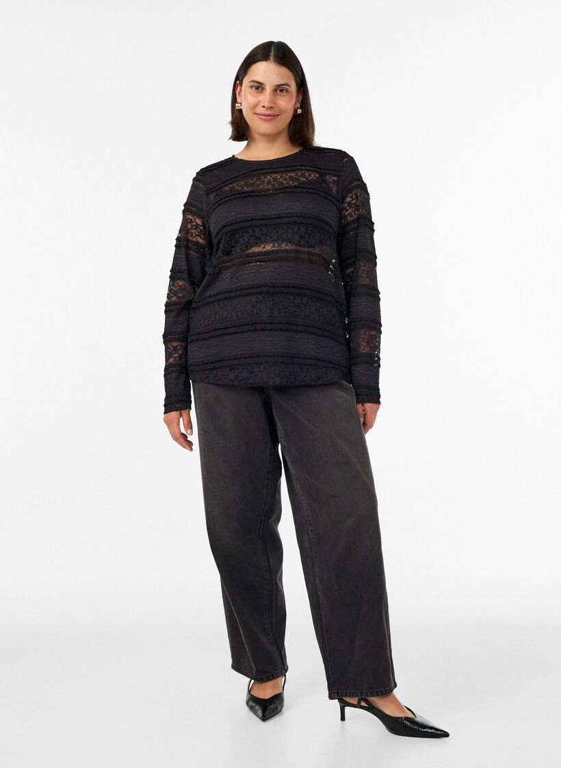 Kanten blouse met lange mouwen, Zwart, Model image number 1