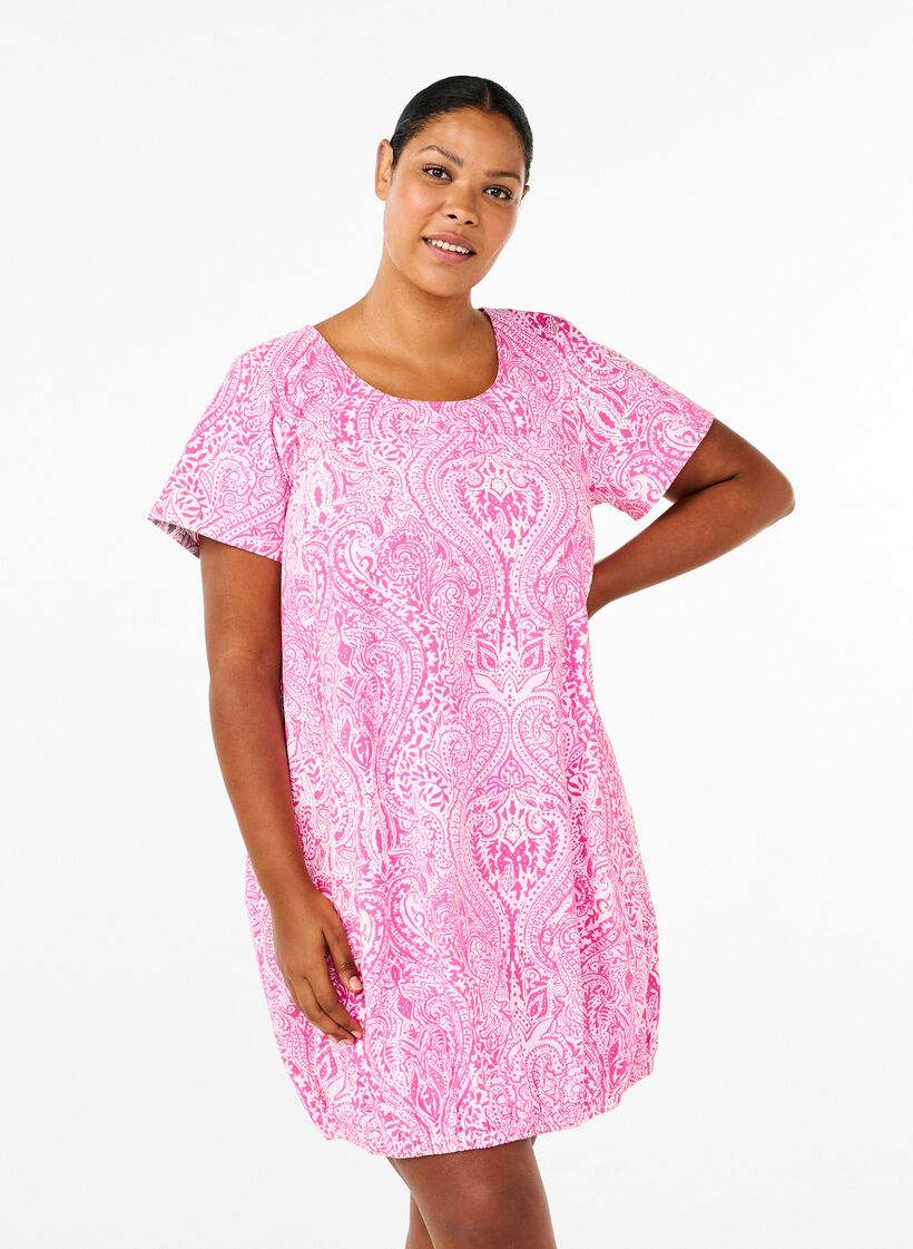 Katoenen jurk met korte mouwen en paisleyprint, Roze, Model image number 0