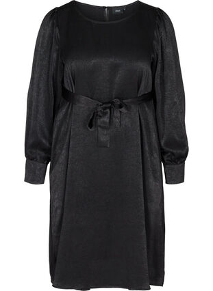 Robe texturée à manches bouffantes, Black, Packshot image number 0