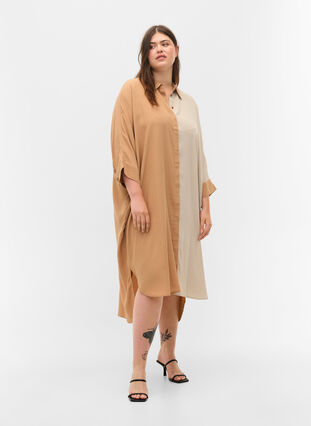 Robe chemise en viscose à manches 3/4 et à carreaux de couleur, Praline, Model image number 2
