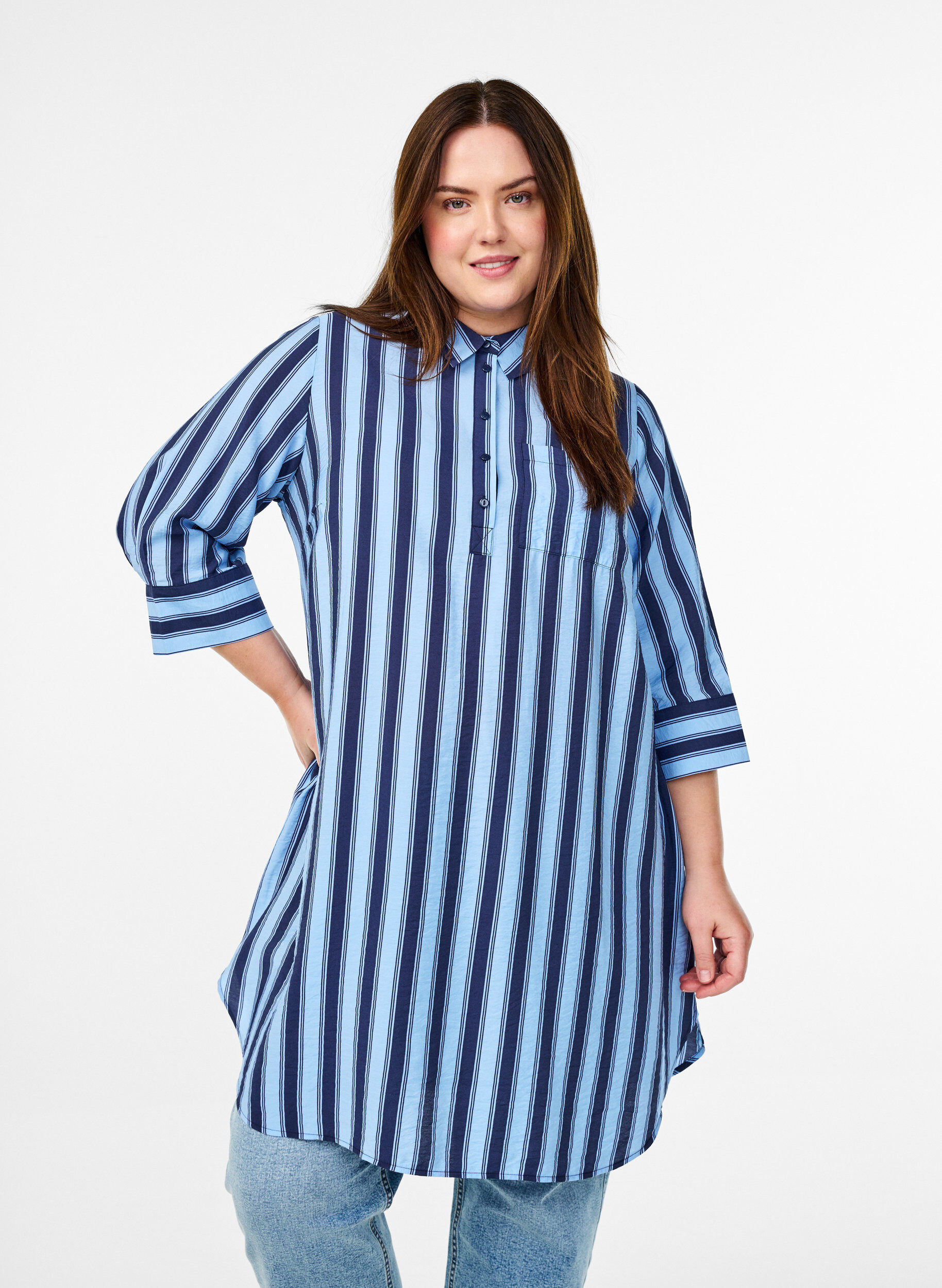 ZizziKorte jurk met kraag en borstzak, Blauw, Model image number 0