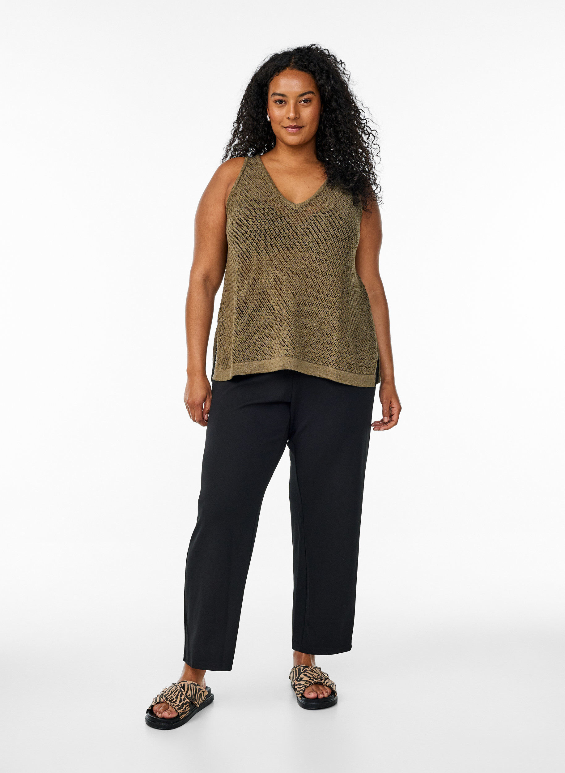 ZizziFLASH - Mouwloze gebreide top met V-hals, Groen, Model image number 1