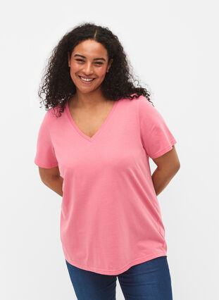 T-shirt met korte mouwen en v-hals, Bubblegum Pink, Model image number 0