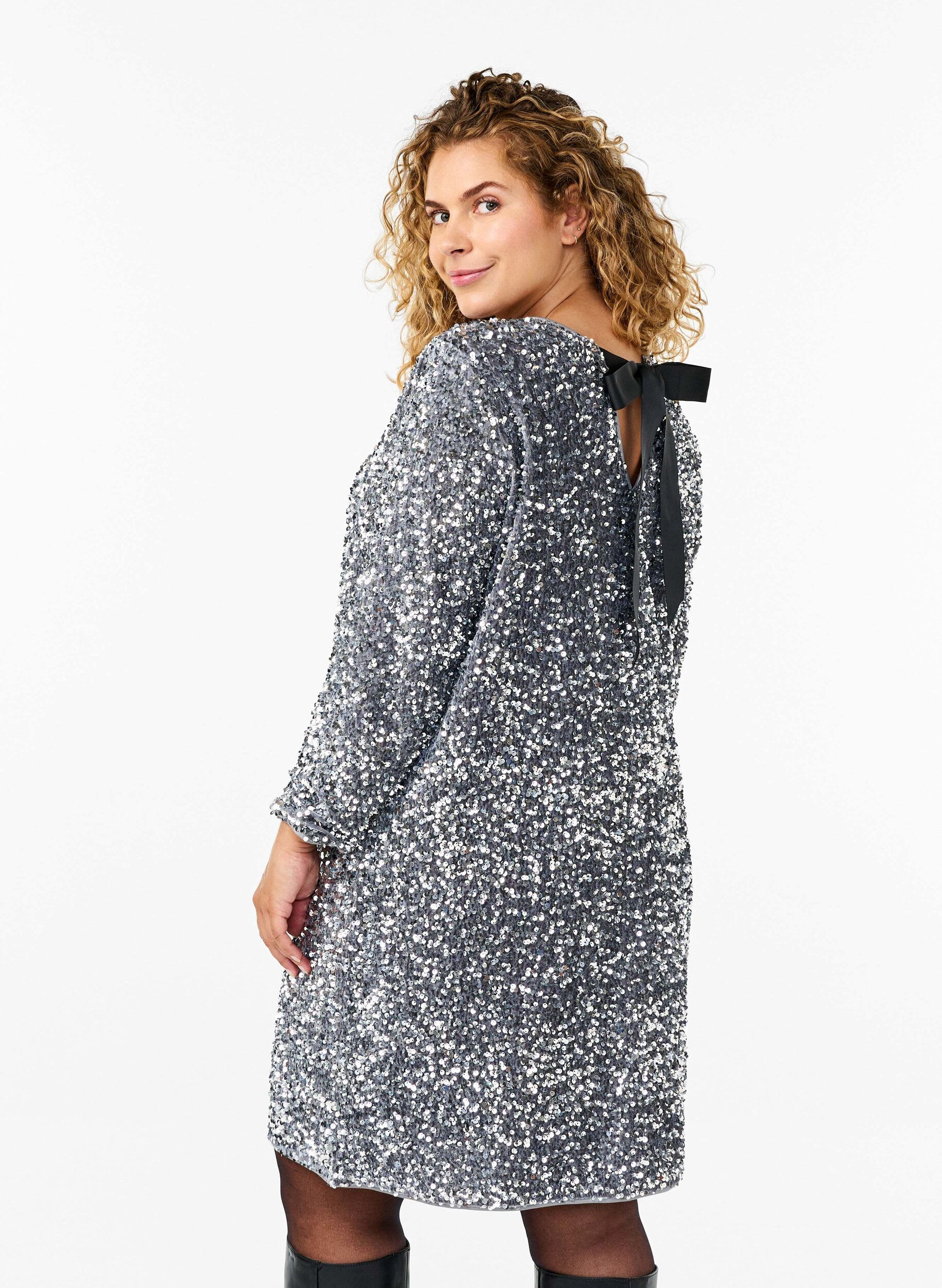 Zizzi Robe paillet&eacute;e avec n&oelig;ud, Silver, Model image number 1