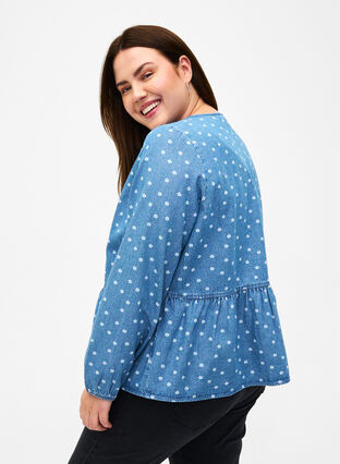 Denim peplum blouse met striksluiting, Light Blue w.Flowers, Model image number 1