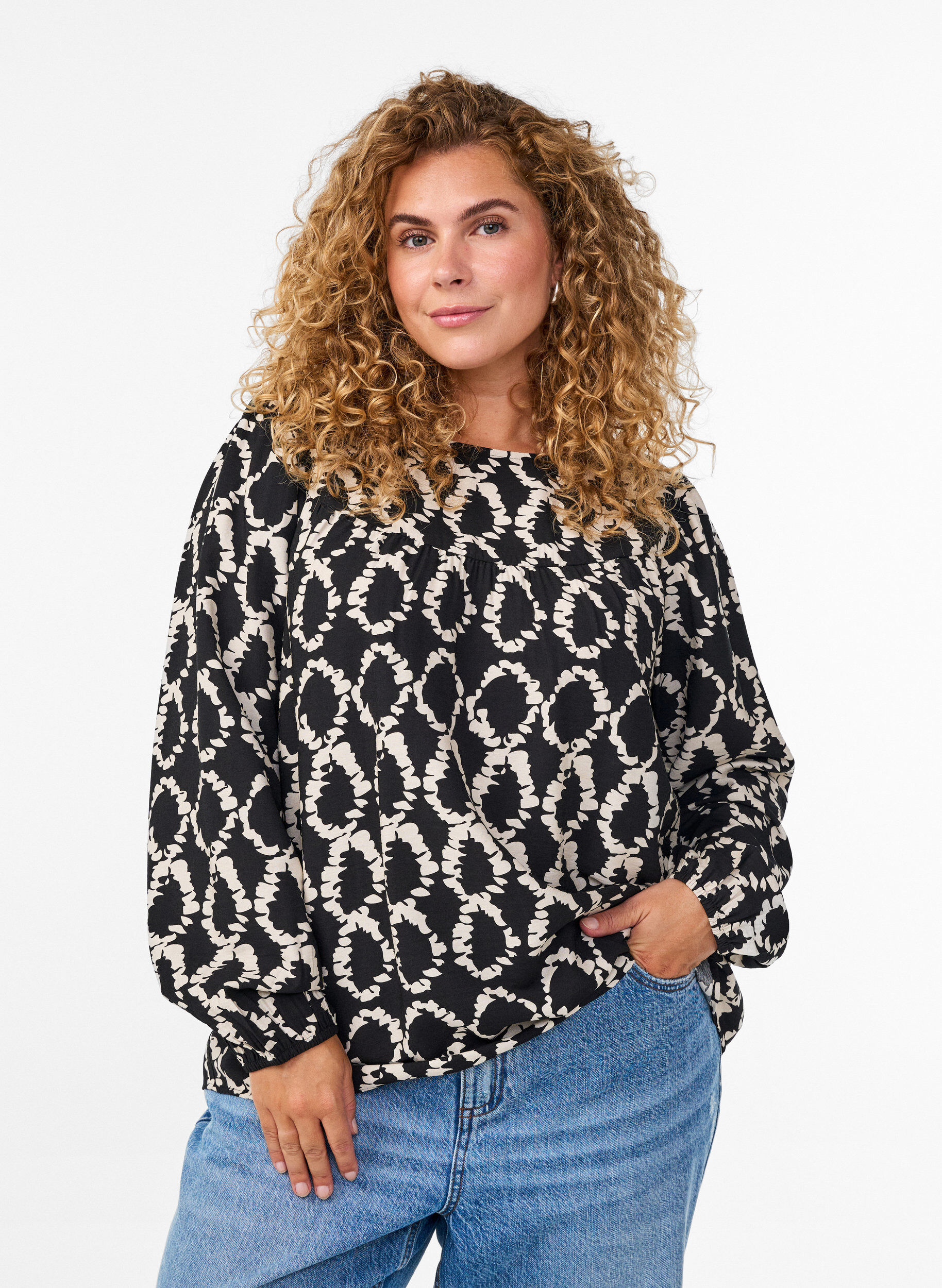 ZizziBlouse met lange mouwen, print en strikjes, Zwart, Model image number 0