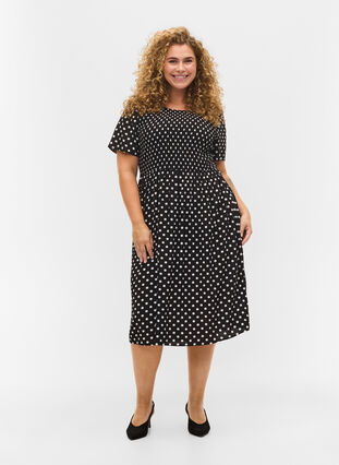 Viscose jurk met print en smokwerk, Black Dot, Model image number 2
