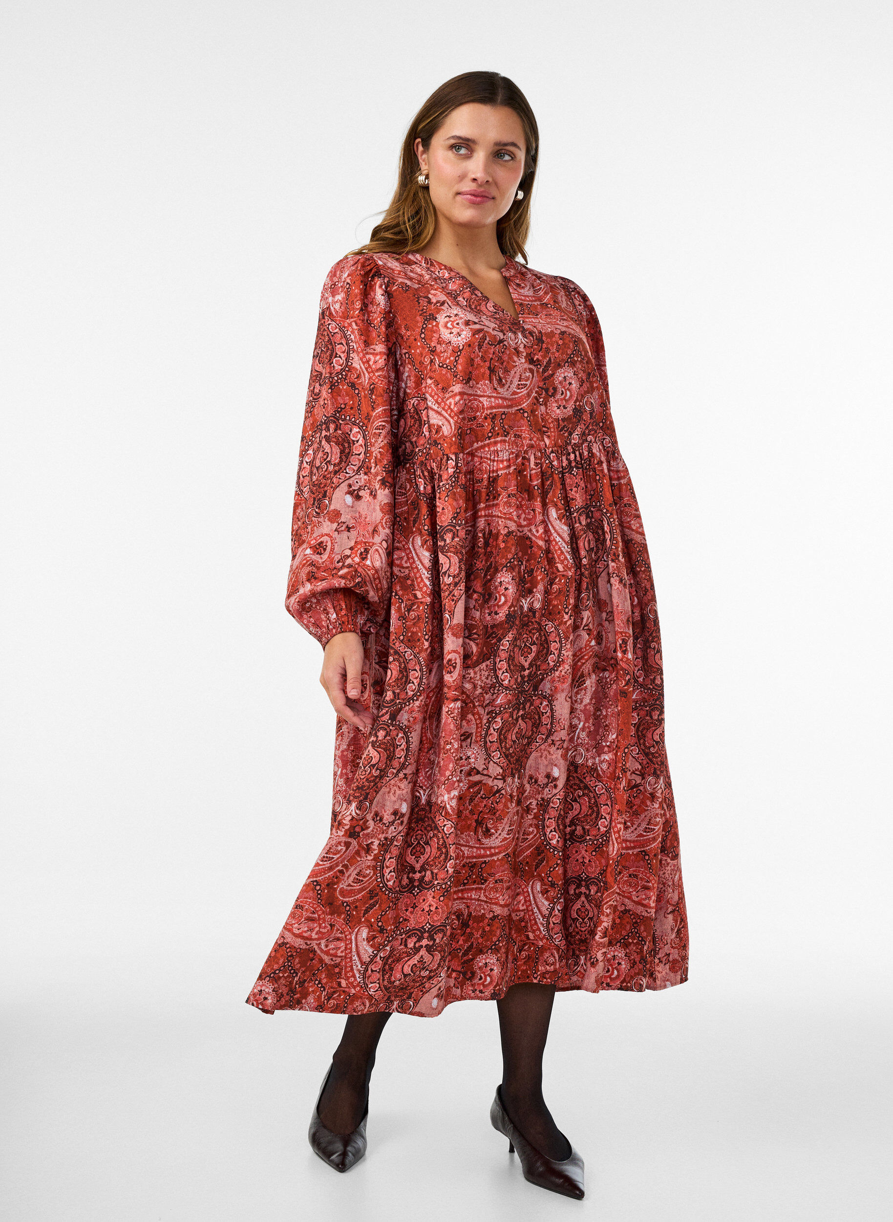 ZizziRobe midi en viscose avec imprim&eacute; cachemire, Orange, Model image number 0