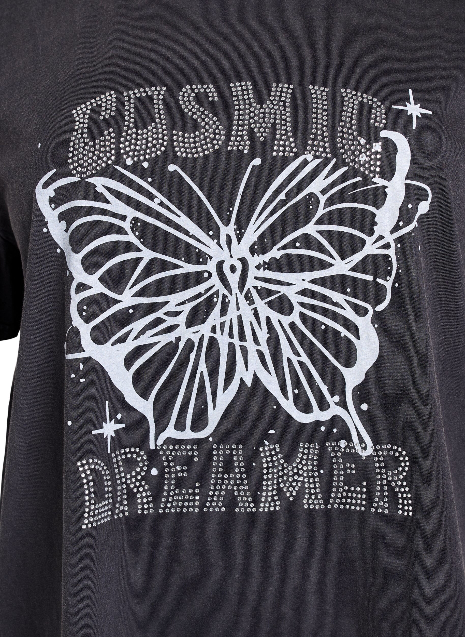 Zizzi T-shirt en coton biologique avec des strass et un motif de papillon, Gris, Packshot image number 2