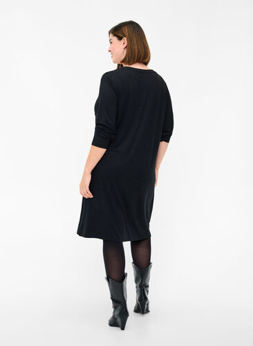 Effen jurk met v-hals en lange mouwen, Black, Model image number 1
