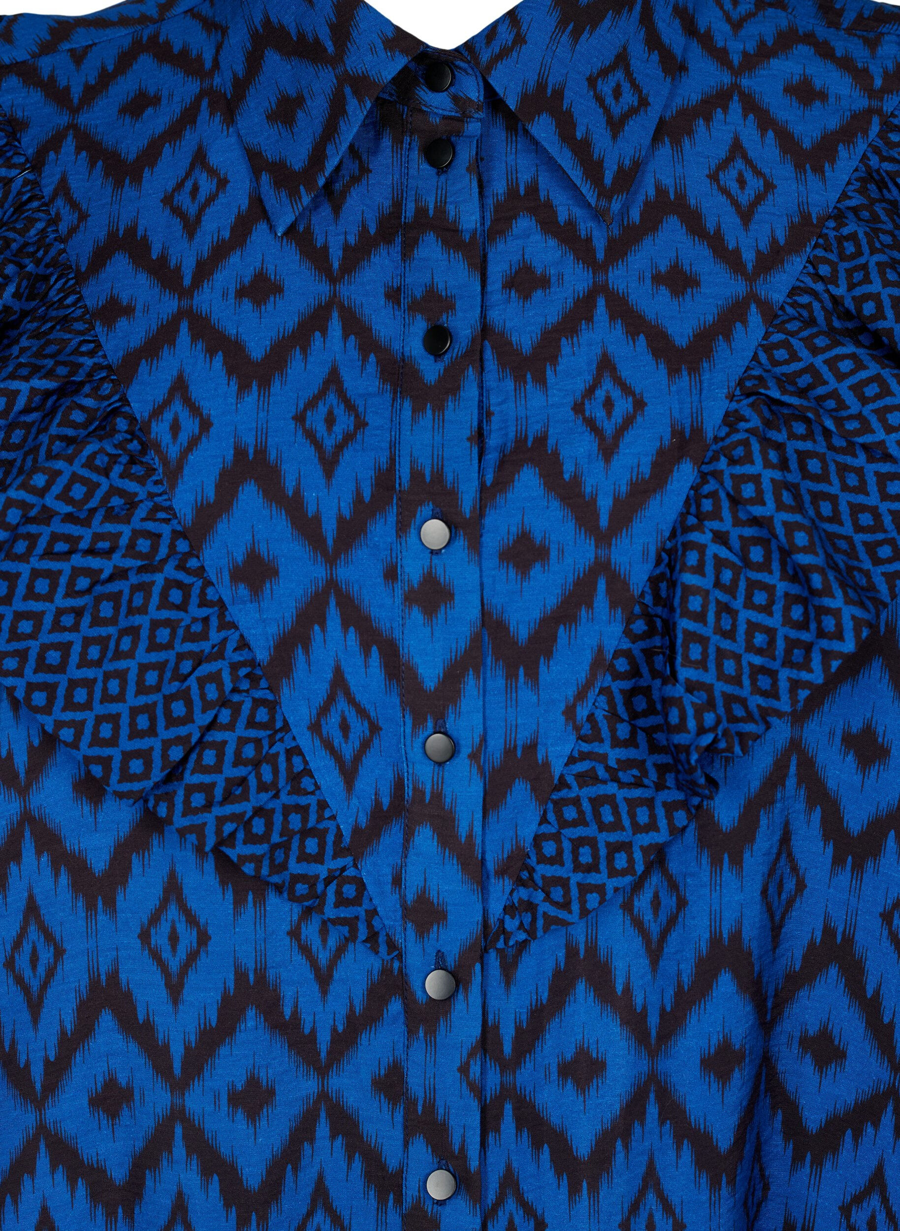 ZizziLange viscose shirt met print en franjes, True blue w. Black, Packshot image number 2