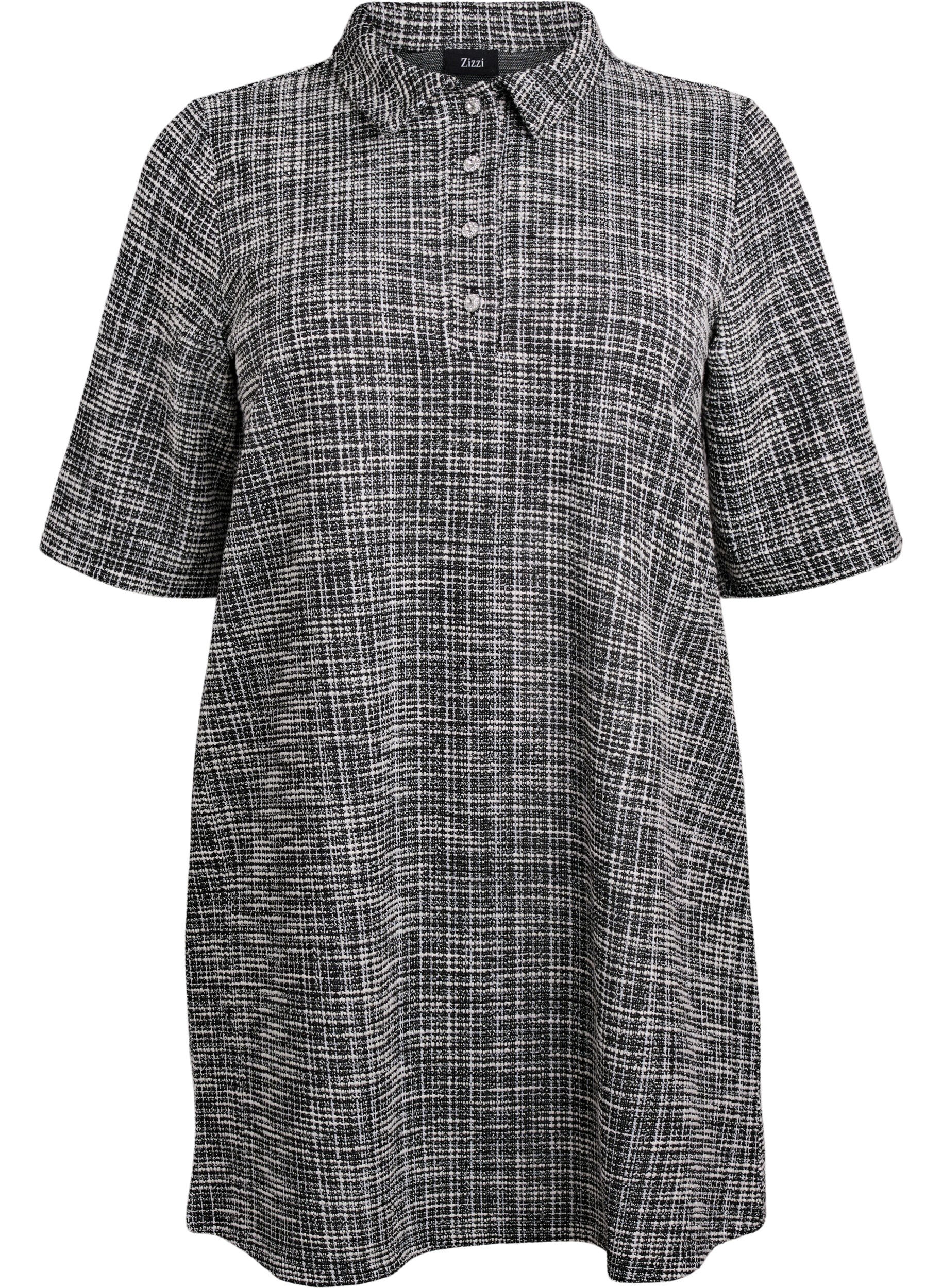 ZizziKorte jurk in gestructureerde jersey met een grafisch ruitpatroon, Vanille, Packshot image number 0