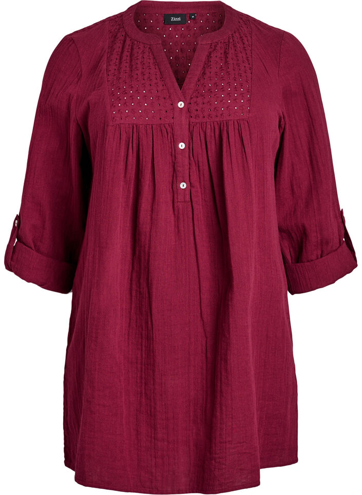 Katoenen mousseline tuniek met broderie anglaise, Donker Bordeaux, Packshot image number 0