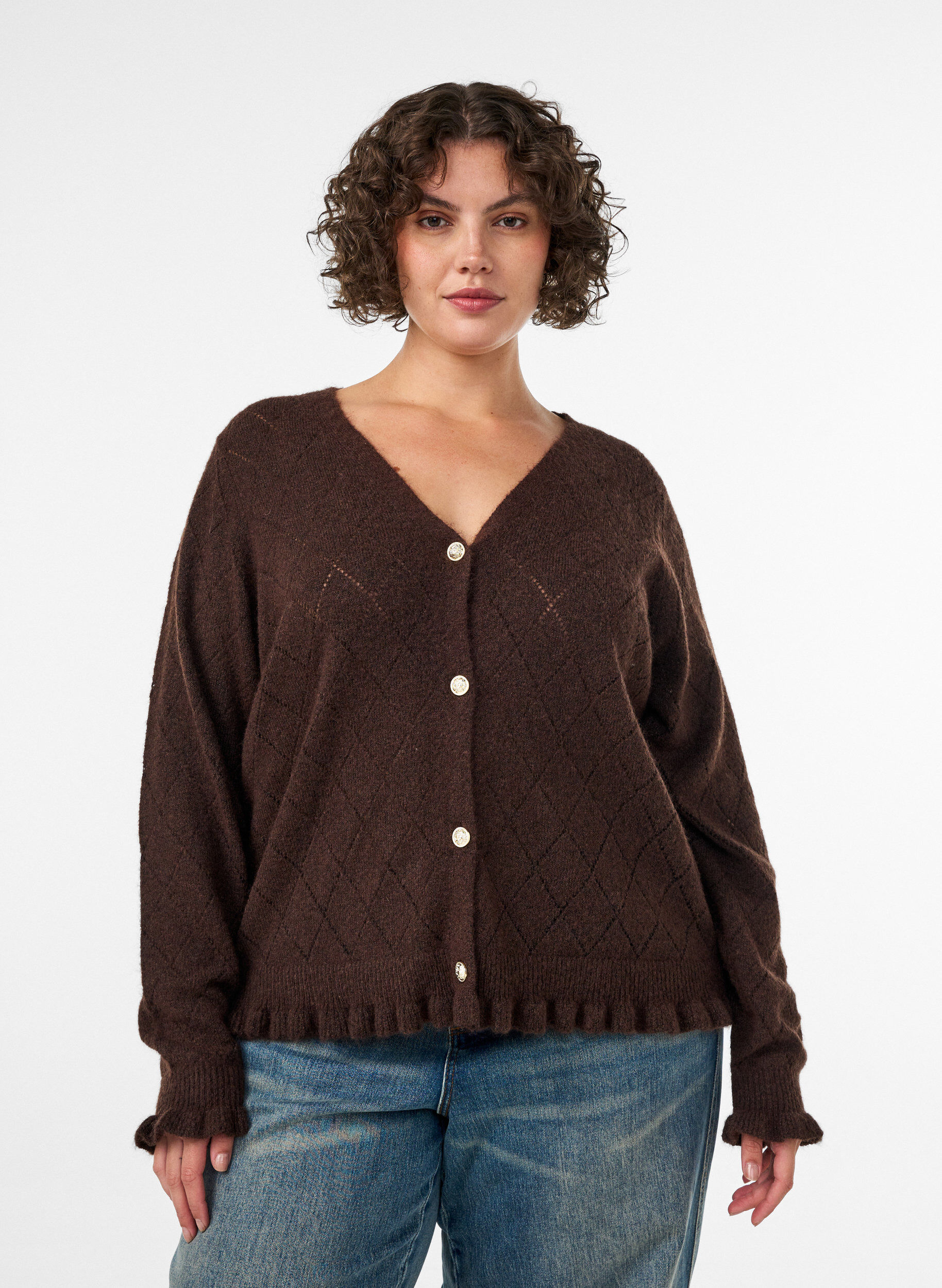 Cardigan &agrave; motif arlequin et col en V, Marron, Model