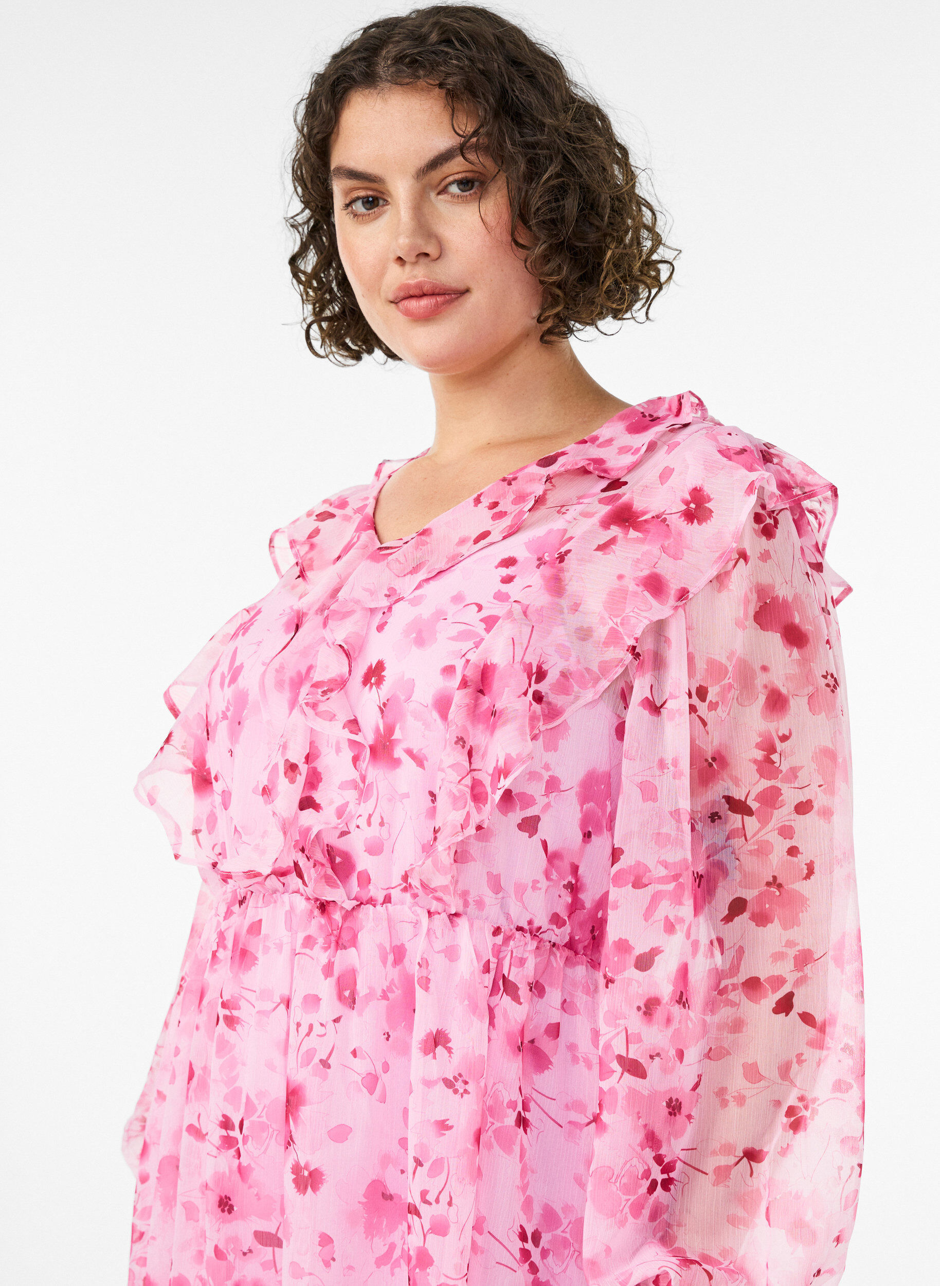 ZizziRobe en chiffon fleuri avec volants et manches longues, Rose, Model image number 2