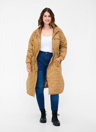 Gewatteerde lichte jas met capuchon, Tobacco Brown, Model image number 3
