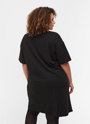Katoenen T-shirt jurk met print details, Black w. Gold, Model image number 1