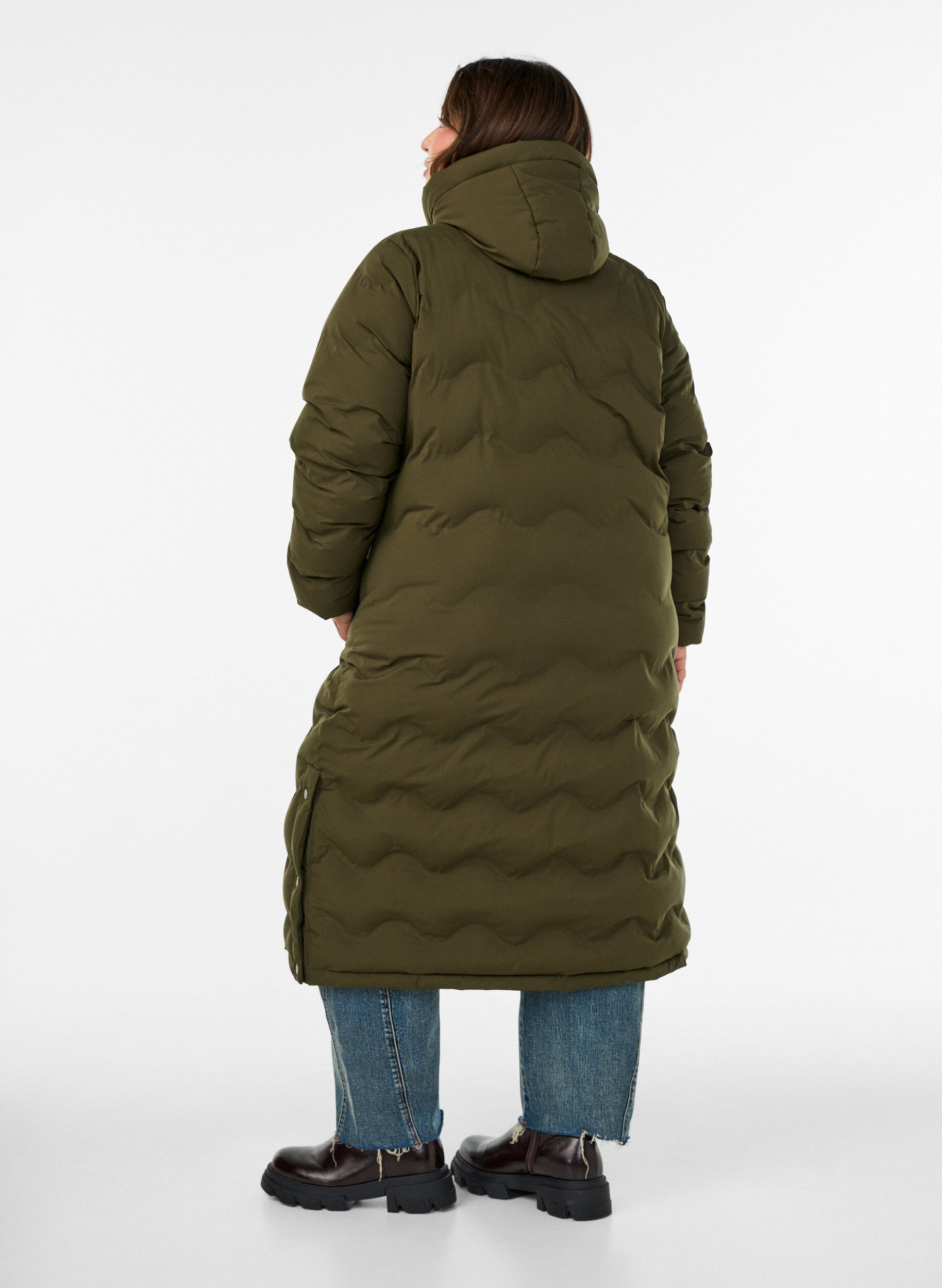 ZizziDoudoune longue &agrave; capuche avec motif vagues, Vert Kaki, Model image number 2