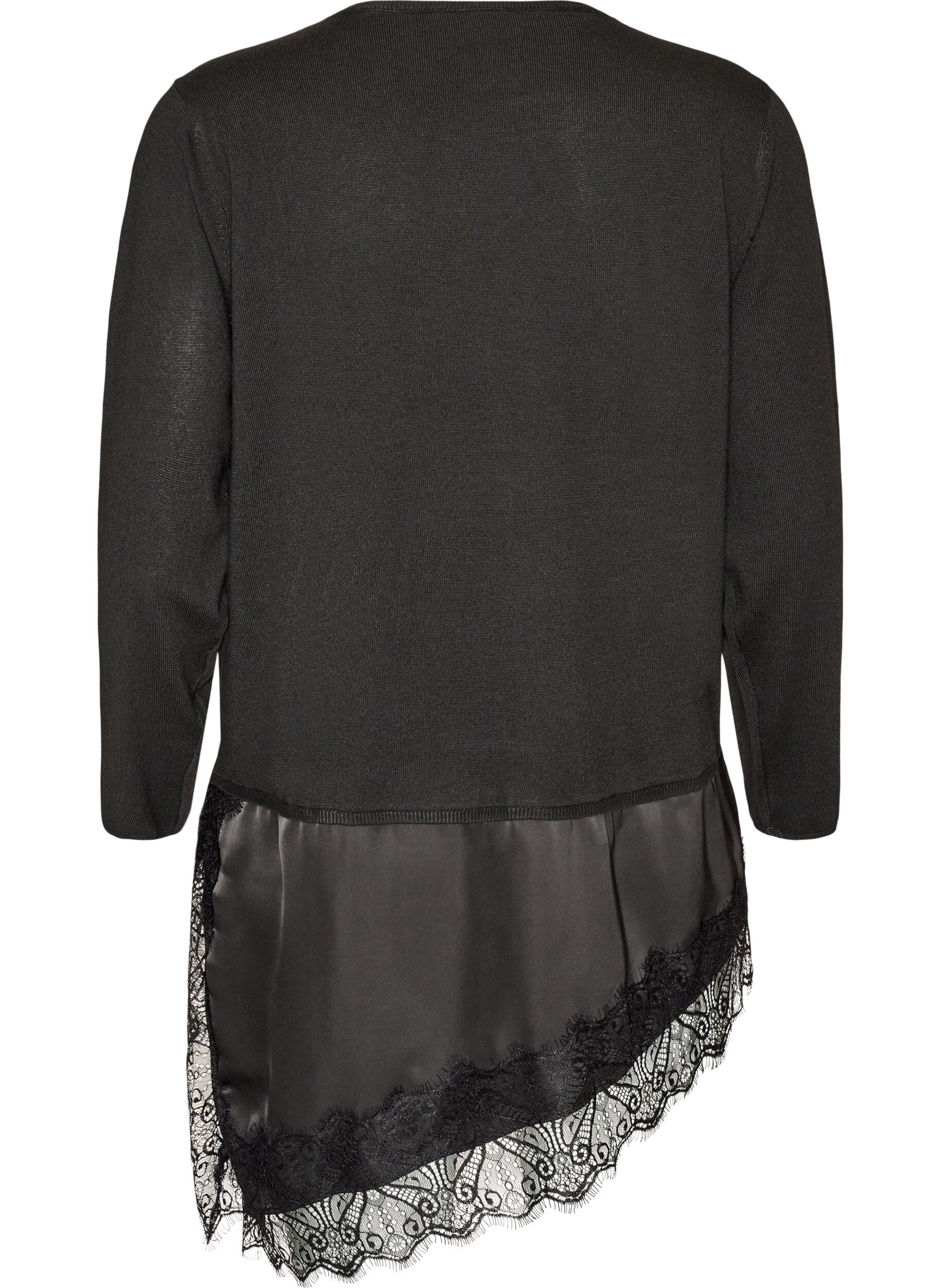 ZizziBlouse en maille &agrave; effet superpos&eacute; et bordure en dentelle, Noir, Packshot image number 1