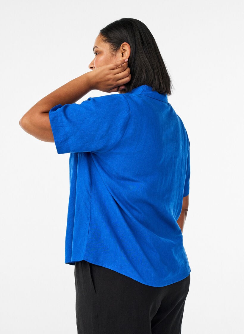 Shirt met korte mouwen in linnen en viscose, Blauw, Model image number 2