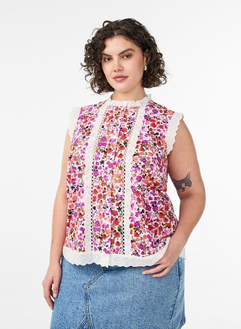 Blouse sans manches en coton avec imprim&eacute; floral et broderie anglaise, Rose, Model image number 0