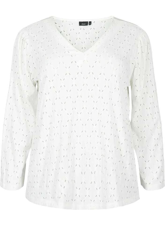 Blouse met V-hals en gaatjespatroon, Off White, Packshot image number 0
