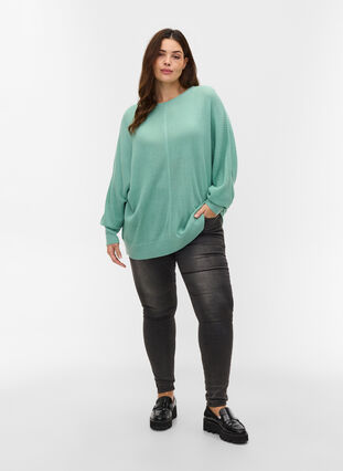 Gebreide blouse met lange mouwen en geribde boorden, Dusty Jade Green, Model image number 2
