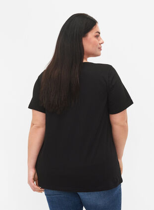 T-shirt en coton avec impression de texte et col en V, Black ORI, Model image number 1