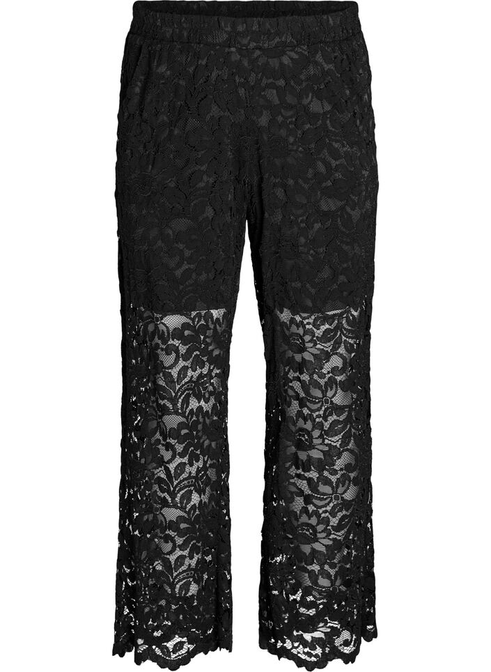 Hoog getailleerde kanten broek met rechte pijpen, Zwart, Packshot image number 0