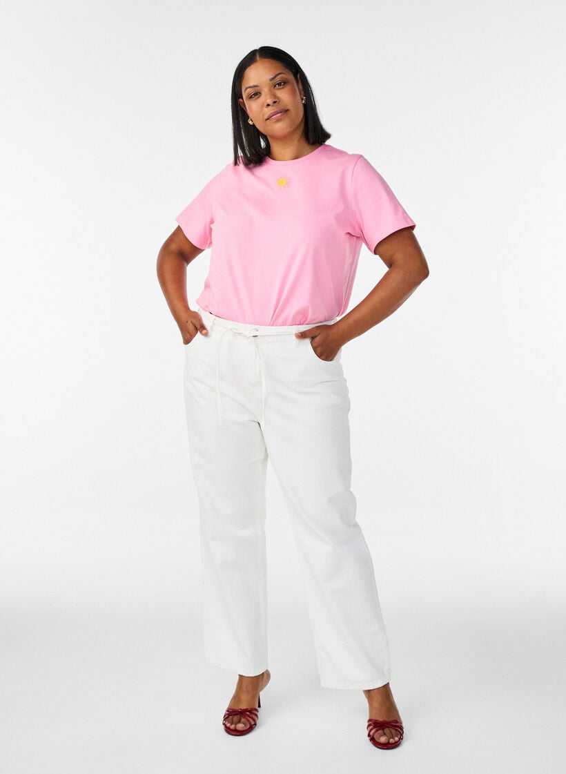 T-shirt en coton biologique avec motif de texte, Rose, Model image number 1
