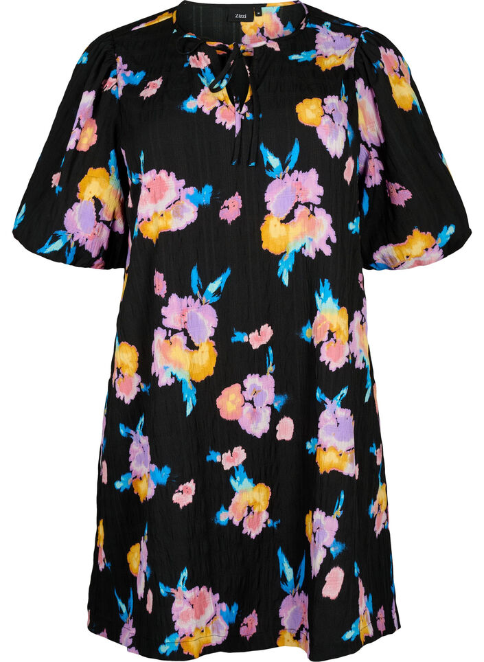 Robe à manches courtes bouffantes et à imprimé floral, Black w. flower AOP, Packshot image number 0