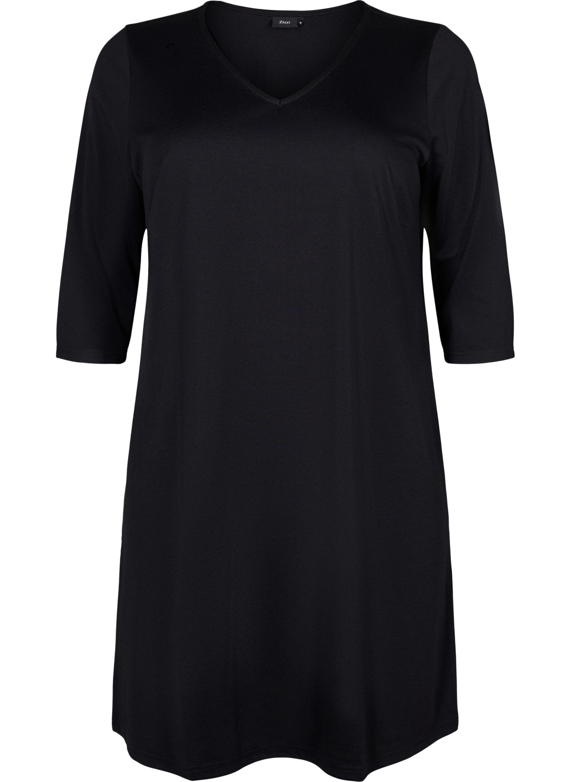 Zizzi Robe de couleur unie avec coupe en V et manches 3/4, Black, Packshot image number 0