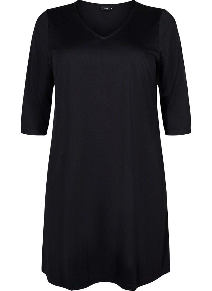 Effen jurk met v-hals en 3/4 mouwen, Black, Packshot image number 0