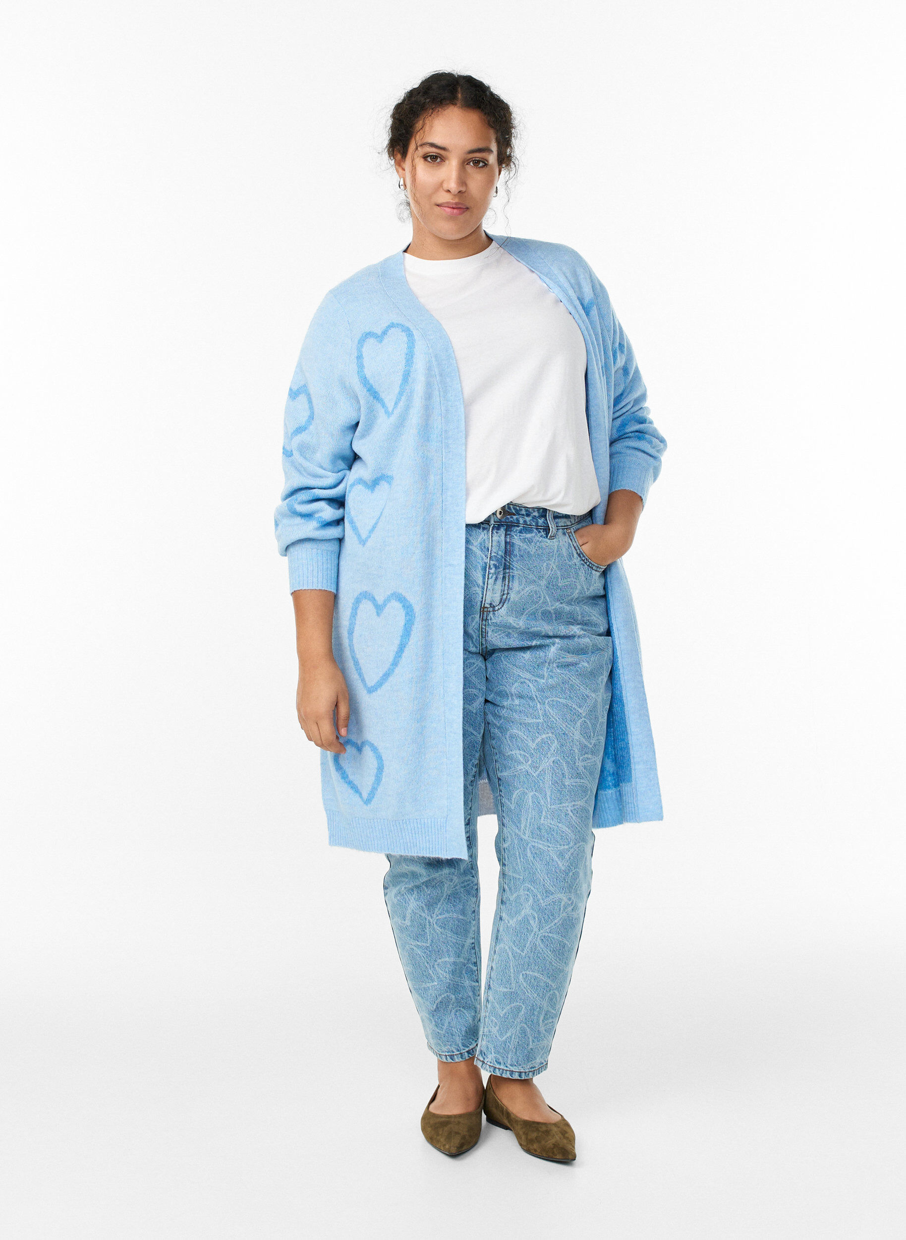 ZizziLange cardigan met ton-sur-ton harten, Blauw, Model image number 1