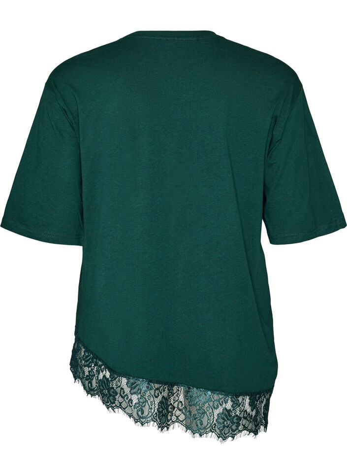 T-shirt avec ourlet asym&eacute;trique en dentelle, Vert fonc&eacute;, Packshot image number 1