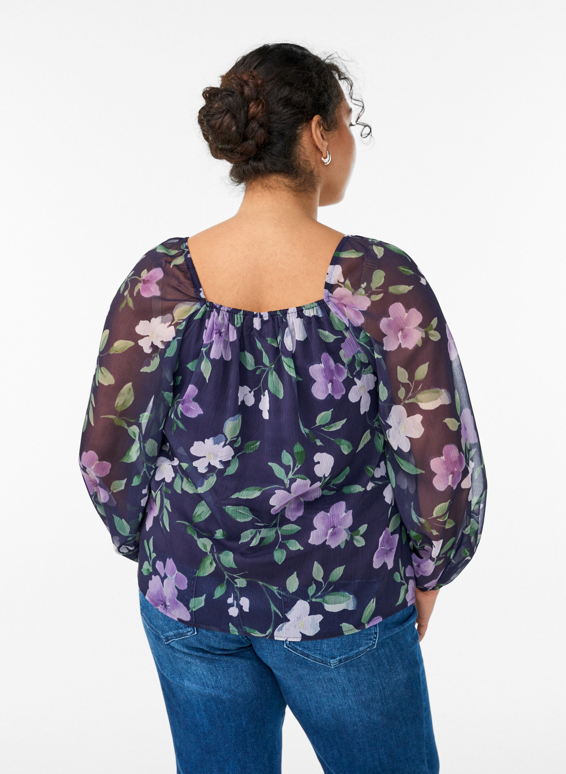 ZizziChiffon blouse met bloemenprint en lange mouwen, Blauw, Model image number 2