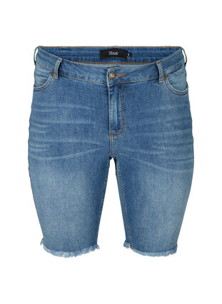 Short en jean moulant avec bords bruts, Dark blue denim, Packshot image number 0