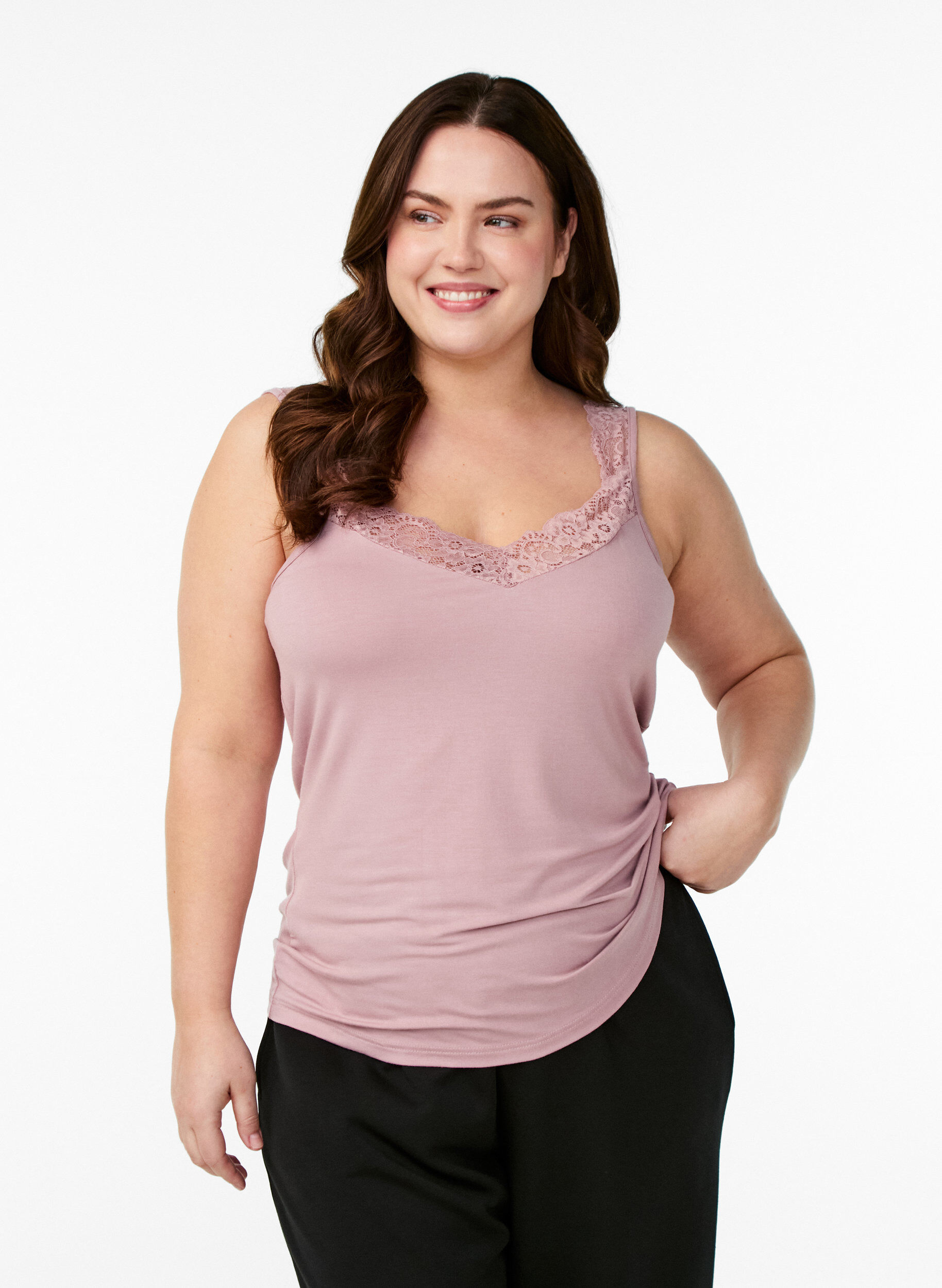 ZizziViscose top met kanten afwerking, Roze, Model image number 0