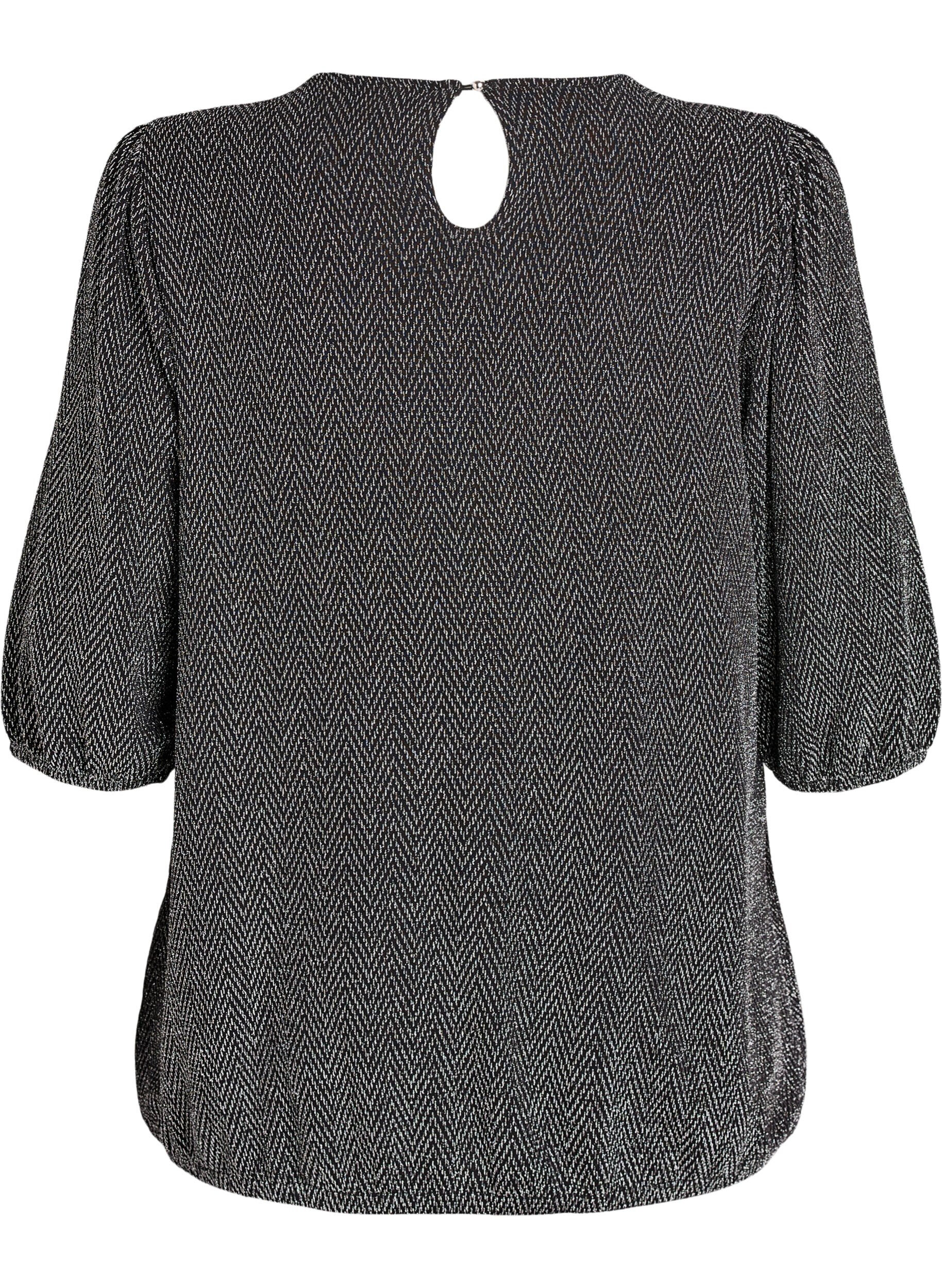 ZizziBlouse met glitterpatroon en 3/4 mouwen, Zwart, Packshot image number 1