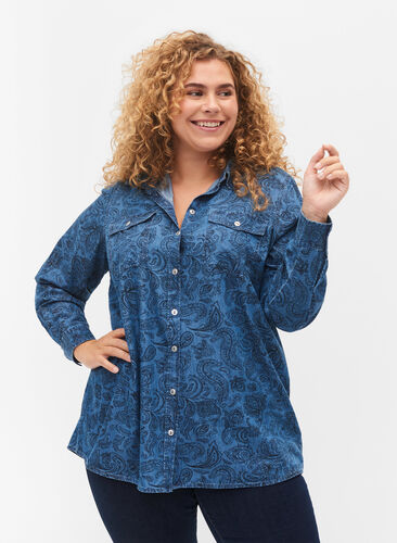 Chemise en coton à carreaux, Blue Paisley, Model image number 0