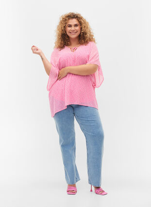 Bedrukte blouse met strikkoord en korte mouwen, Pink Ditzy Flower, Model image number 2
