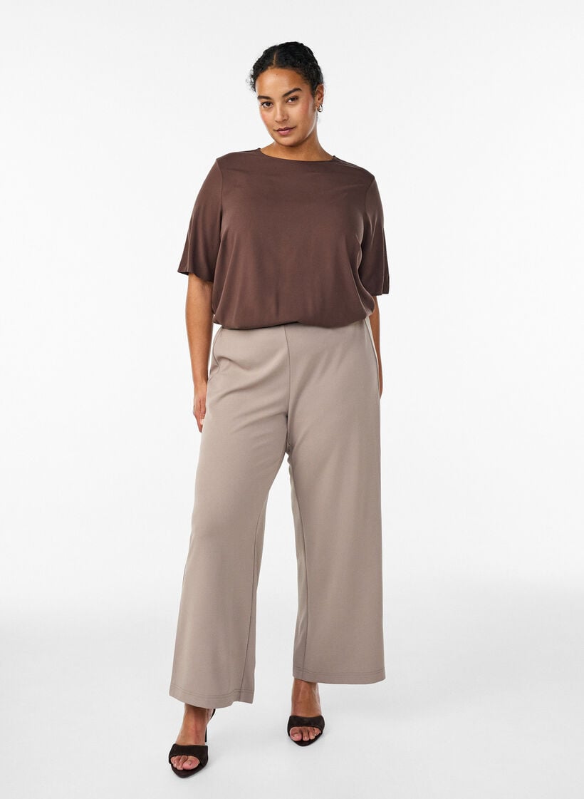 Geweven blouse met korte mouwen en ronde hals, Bruin, Model image number 1