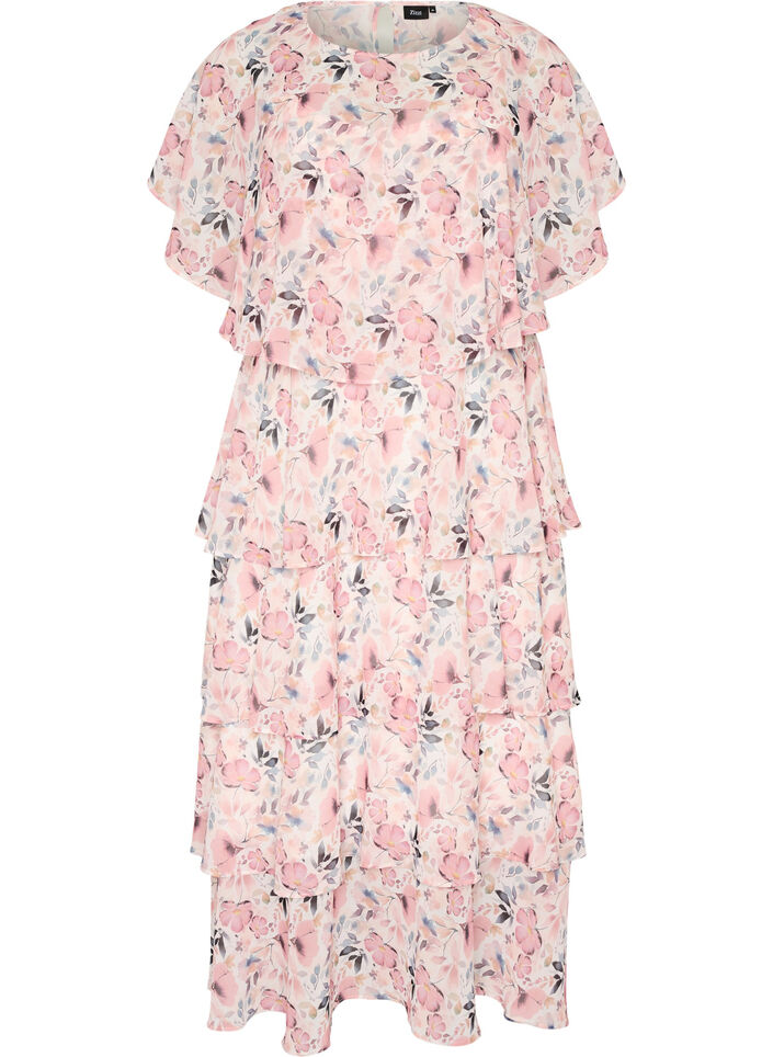 Robe maxi avec plusieurs couches de volants et cape amovible, Blanc, Packshot image number 0