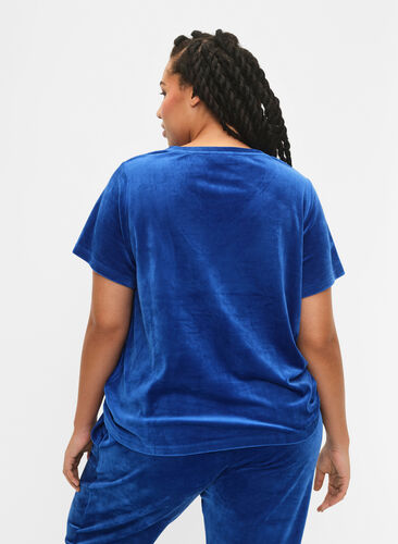 Velours T-shirt met v-hals, Monaco Blue, Model image number 1