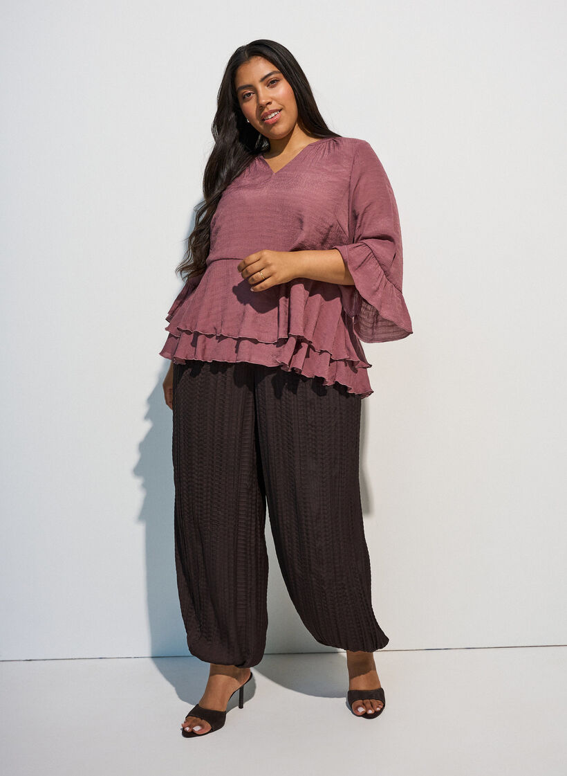 Blouse met 3/4-mouwen en ruchesdetails, Roze, Model image number 1