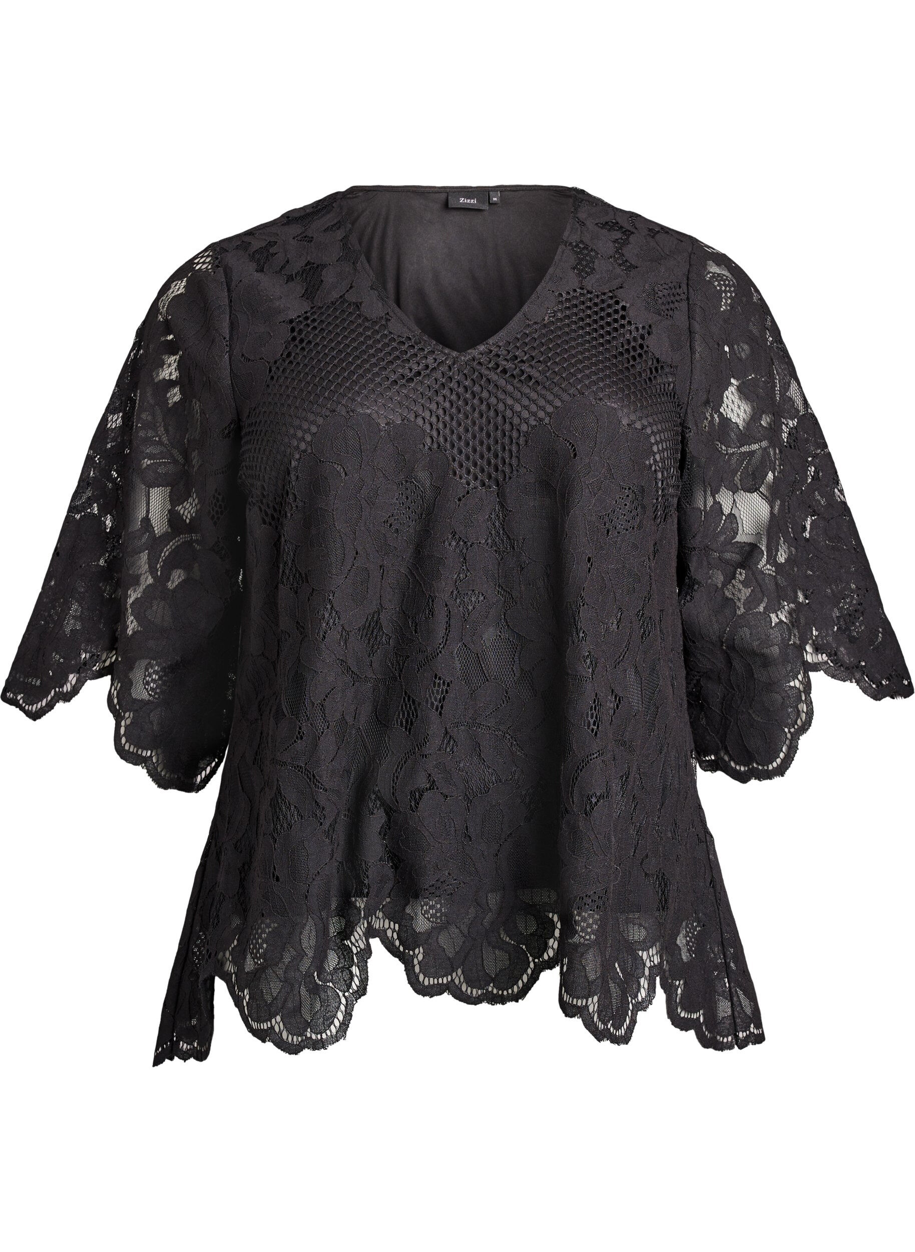 Blouse en dentelle avec col en V et manches mi-longues